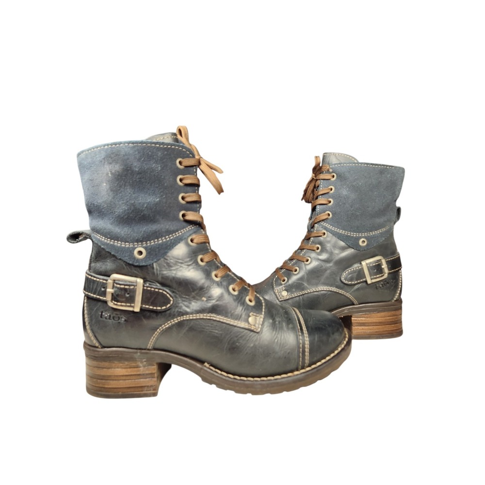Taos Crave Leather Suede Combat Boots Mid Calf Moto Lug Boho Chunky Gray Blue 37